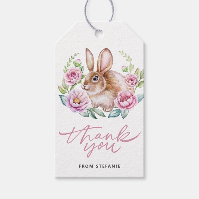 Cute Watecolor Bunny och Rosa Flowers Birthday Presentetikett (Framsidan)