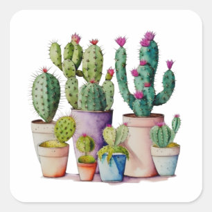 Cute water color cacti cactus succuls in pots fyrkantigt klistermärke