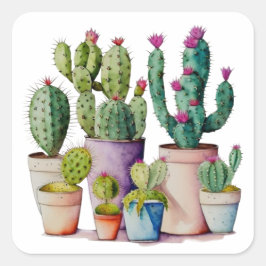 Cute water color cacti cactus succuls in pots fyrkantigt klistermärke
