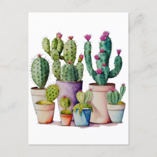 Cute water color cacti cactus succuls in pots vykort