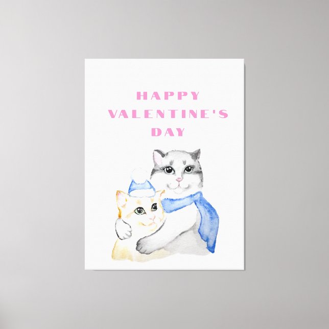 Cute water color cudely cat on Valentine Day Canvastryck (Framsida)