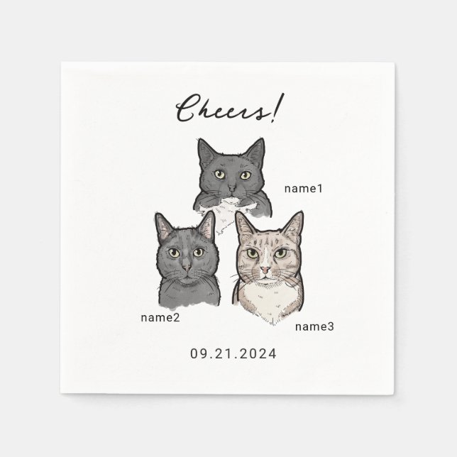 Cute Watercolor 3 Cats Cheers Bröllop Cocktail Pappersservett (Framsidan)