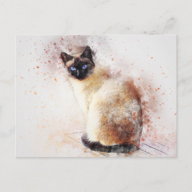 Cute Watercolor Abstrakt Siamese Cat Vykort (Framsida)