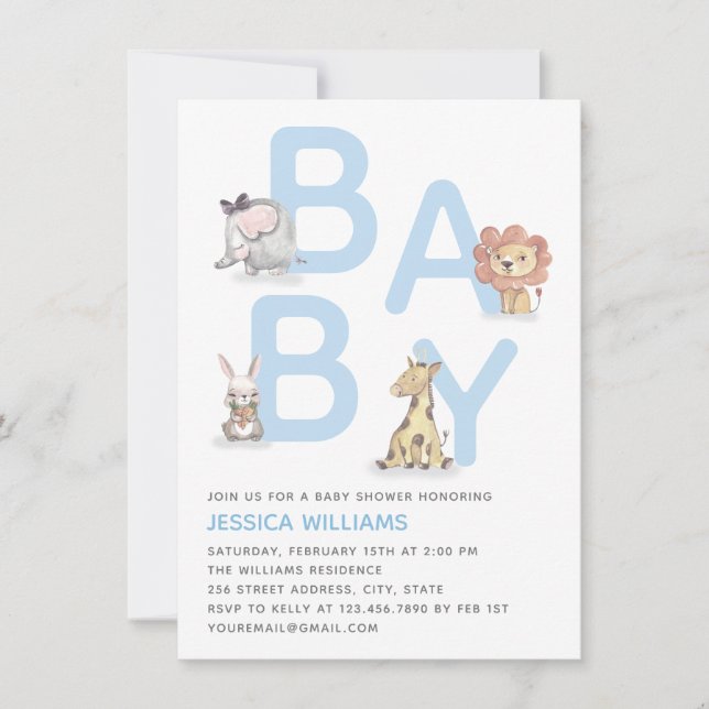 Cute Watercolor Animal Blue Boy Baby Shower Inbjudningar (Framsida)