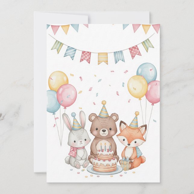 Cute Watercolor Animals at Birthday Firation Kort (Framsida)