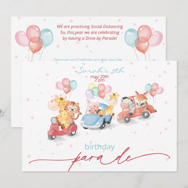 Cute Watercolor Animals Birthday Parad Inbjudningar (Fram/baksida)