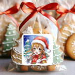 Cute Watercolor Anime Girl jul Fyrkantigt Klistermärke<br><div class="desc">Söt vattenfärgsflicka i en julhatt framför ett Julgran-klistermärke.</div>