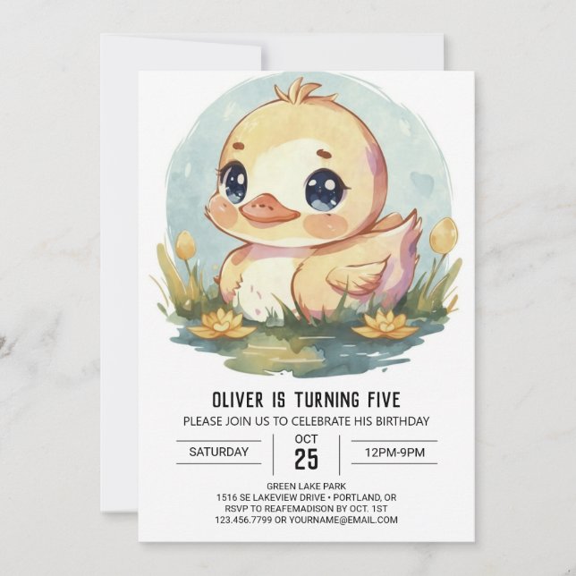 Cute Watercolor Anka Birthday Inbjudningar (Framsida)