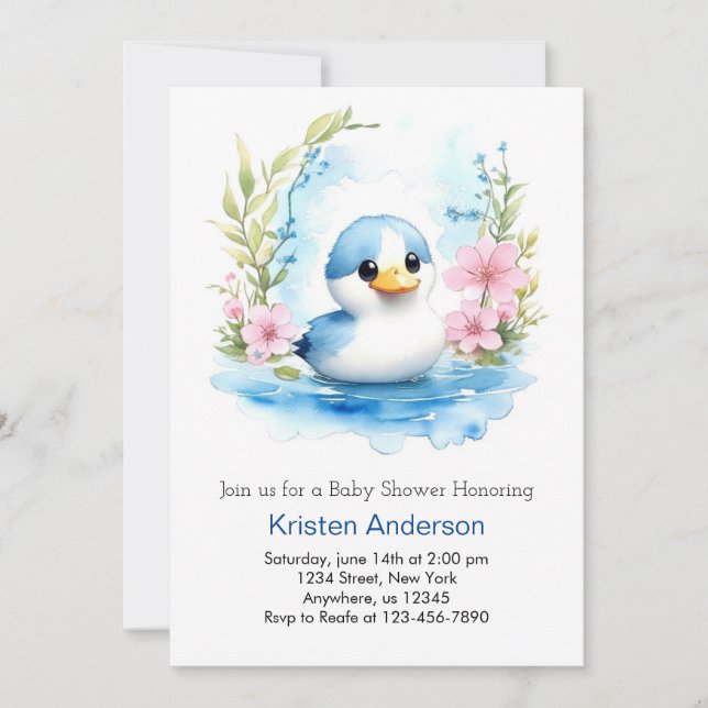 Cute Watercolor Anka WildblomBoy Shower Inbjudningar (Framsida)