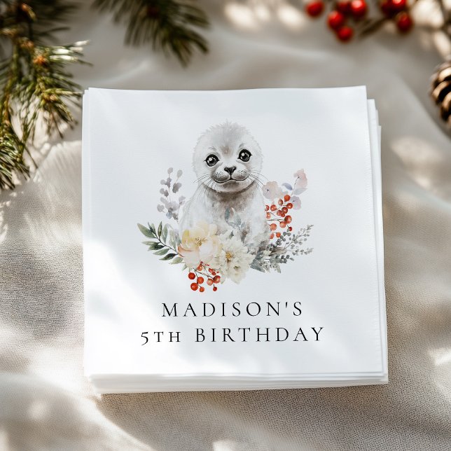 Cute Watercolor Arktis Seal Födelsedagsfest Pappersservett (Skapare uppladdad)