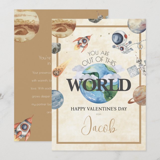 Cute Watercolor Astronaut Space Valentine Day Julkort (Fram/baksida)