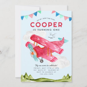 Cute Watercolor Aviation Himlar Red Airplane Birda Inbjudningar