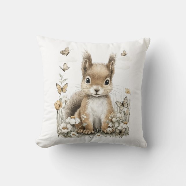Cute Watercolor Baby Animals with Flowers Kudde (Framsida)