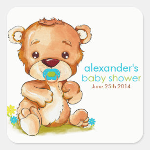 Cute Watercolor Baby Bear Boy Shower Fyrkantigt Klistermärke