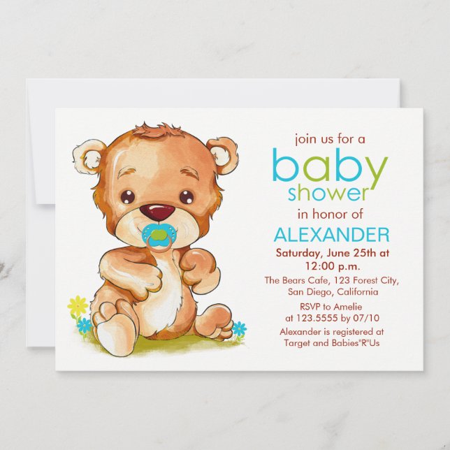 Cute Watercolor Baby Bear Boy Shower Inbjudningar (Framsida)