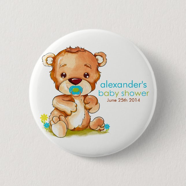 Cute Watercolor Baby Bear Boy Shower Knapp (Framsida)