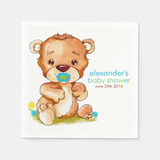 Cute Watercolor Baby Bear Boy Shower Pappersservett (Framsidan)