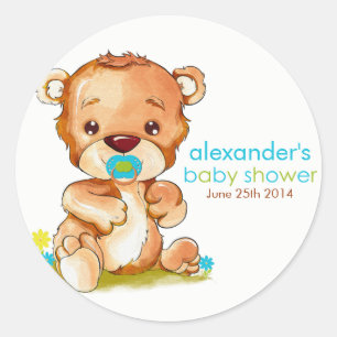 Cute Watercolor Baby Bear Boy Shower Runt Klistermärke