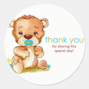 Cute Watercolor Baby Bear Boy Tack Runt Klistermärke