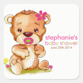 Cute Watercolor Baby Bear Girl Baby Shower Fyrkantigt Klistermärke