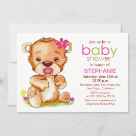 Cute Watercolor Baby Bear Girl Baby Shower Inbjudningar