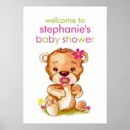 Cute Watercolor Baby Bear Girl Baby Shower Poster