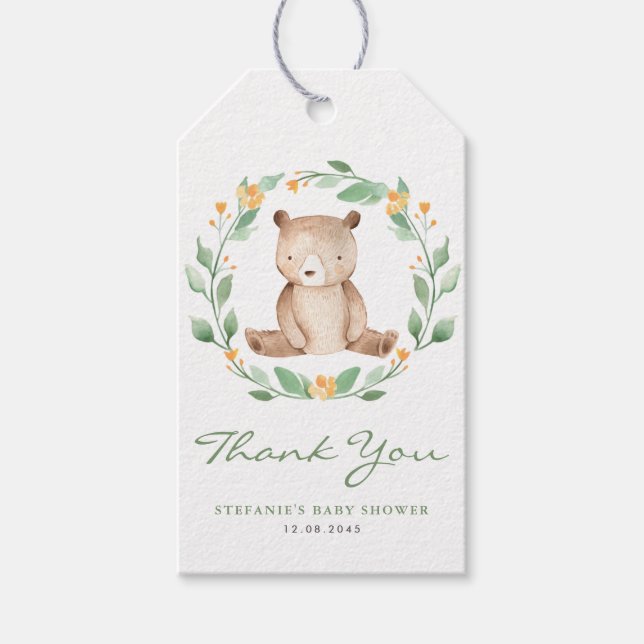Cute Watercolor Baby Bear Greenery Wandeday Birday Presentetikett (Framsidan)