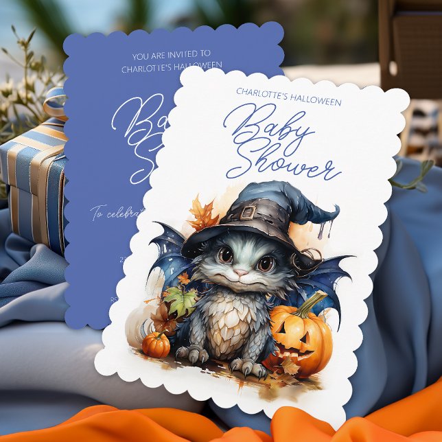 Cute Watercolor Baby Dragon Halloween Baby Shower Inbjudningar (Make a lasting impression with a cornflower blue themed baby shower at Halloween - Dragon included.)