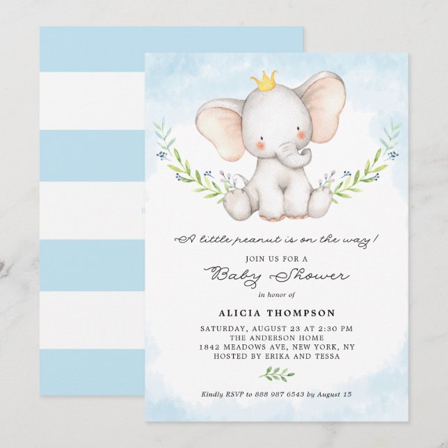 Cute Watercolor Baby Elephant Boy Shower Inbjudningar (Fram/baksida)