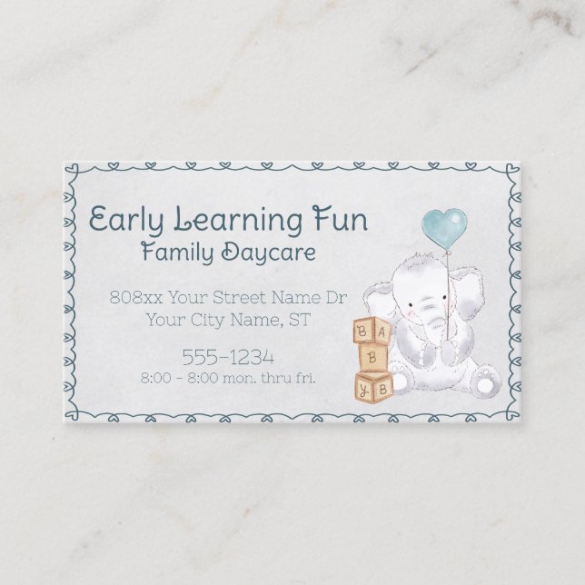 Cute Watercolor Baby Elephant Daycare Visitkort (Framsida)