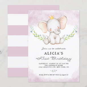Cute Watercolor Baby Elephant Girl First Birthday Inbjudningar