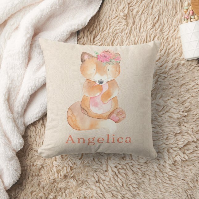 Cute Watercolor Baby Fox with Flox Kudde (Filt)