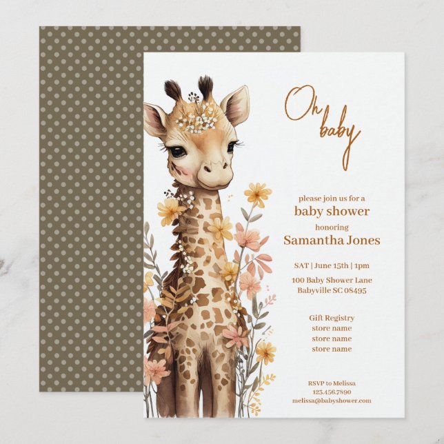 Cute Watercolor Baby Giraffe Baby Shower Inbjudningar (Fram/baksida)