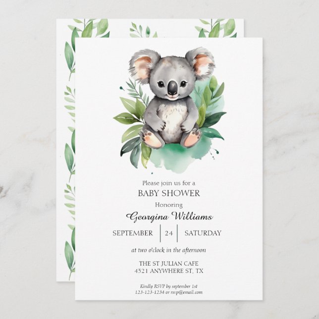Cute Watercolor Baby Koala Baby Shower Inbjudningar (Fram/baksida)