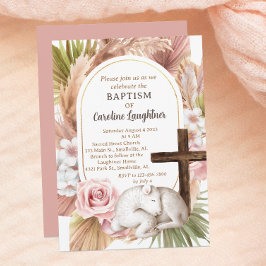 Cute Watercolor Baby Lamb Girl Baptism Inbjudningar