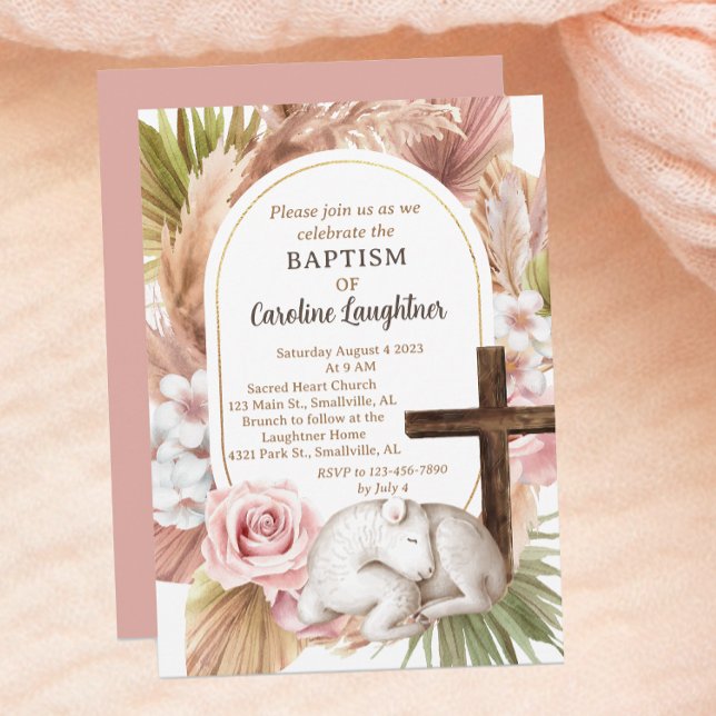 Cute Watercolor Baby Lamb Girl Baptism Inbjudningar (Skapare uppladdad)