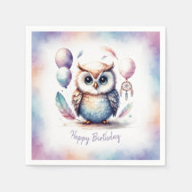 Cute Watercolor Baby Owl Balloons Birthday Paper