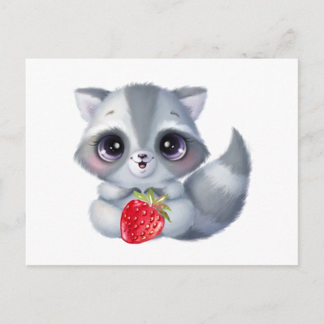 Cute Watercolor Baby Raccoon med jordgubbsfrukt Vykort (Framsida)