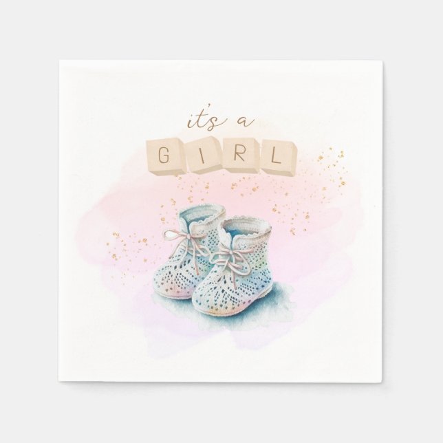 Cute Watercolor Baby Shoe Girl Gender Reveal Pappersservett (Framsidan)