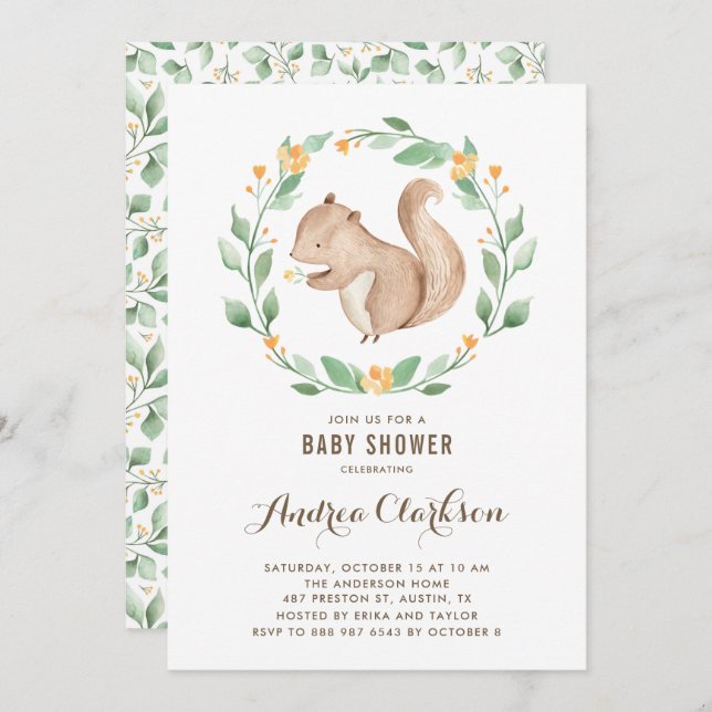 Cute Watercolor Baby Squirrel Woodland Baby Shower Inbjudningar (Fram/baksida)
