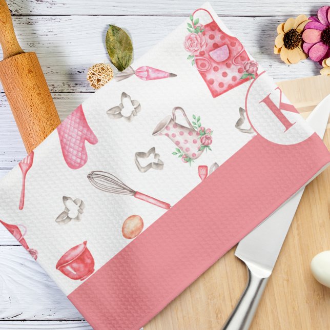 Cute Watercolor Baking Mönster Rosa Monogram Kökshandduk (Skapare uppladdad)