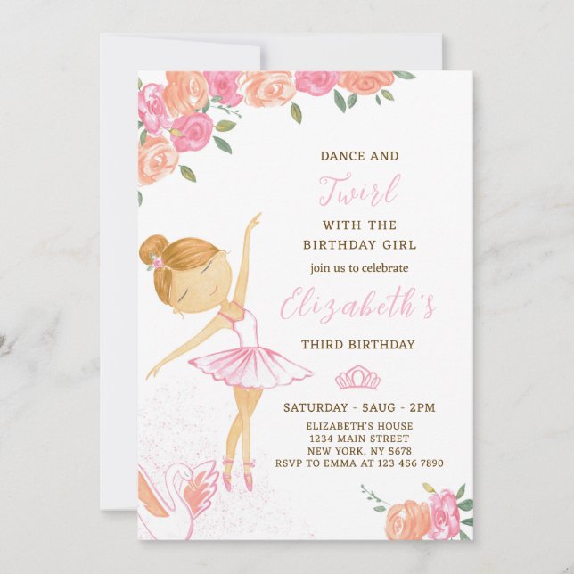 Cute Watercolor Ballerina Birthday-inbjudan Inbjudningar (Framsida)