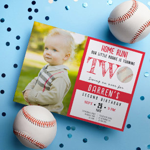 Cute Watercolor Baseball Photo 2nd Birday Inbjudningar