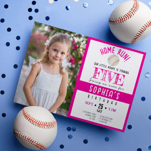 Cute Watercolor Baseball Photo Girl Birthday Inbjudningar