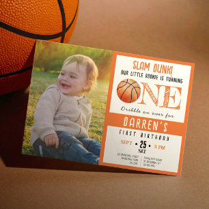Cute Watercolor Basketball Photo 1st Birthday Inbjudningar