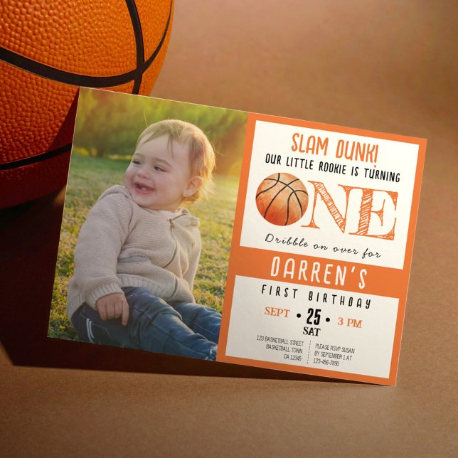 Cute Watercolor Basketball Photo 1st Birthday Inbjudningar (Skapare uppladdad)