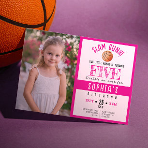 Cute Watercolor Basketball Photo Girl Birthday Inbjudningar