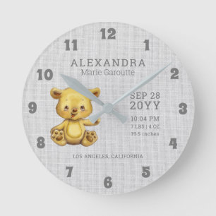 Cute Watercolor Bear Baby Birth Stats Nursery Rund Klocka