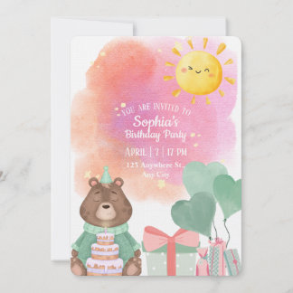 Cute Watercolor Bear Birthday Invitation  Inbjudningar