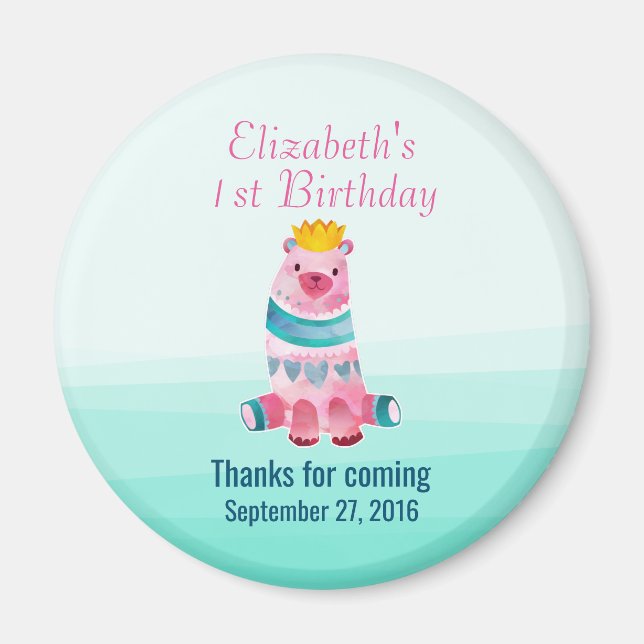 Cute Watercolor Bear Birthday Tack Magnet (Framsidan)